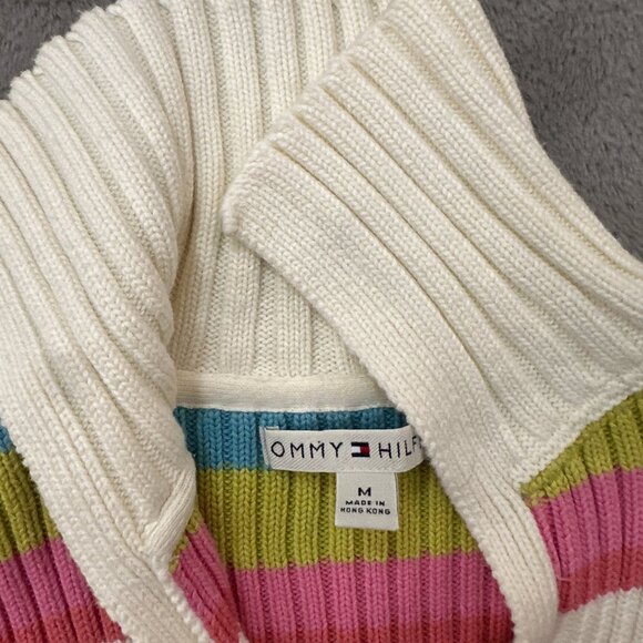 Vintage Y2K Tommy Hilfiger Rubbed Knit Sweater MEDIUM women's Mock Neck Striped - Picture 2 of 6